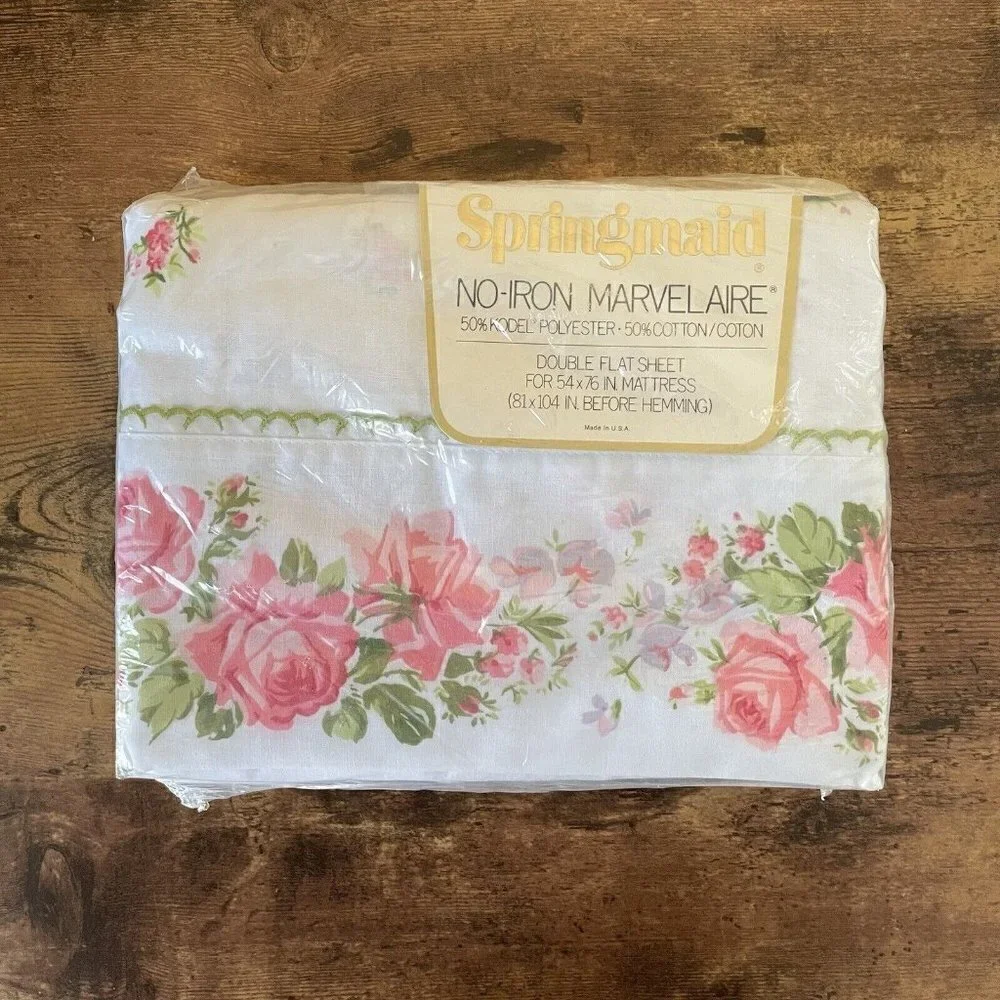 Vintage Springmaid No Iron Muslin Marvelaire Double Flat Sheet Prelude Floral